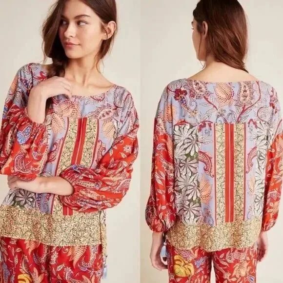 Anthropologie Womens Sonrisa Mixed Print Paisley Boho Tassel Top Blouse Size XS - Picture 1 of 10